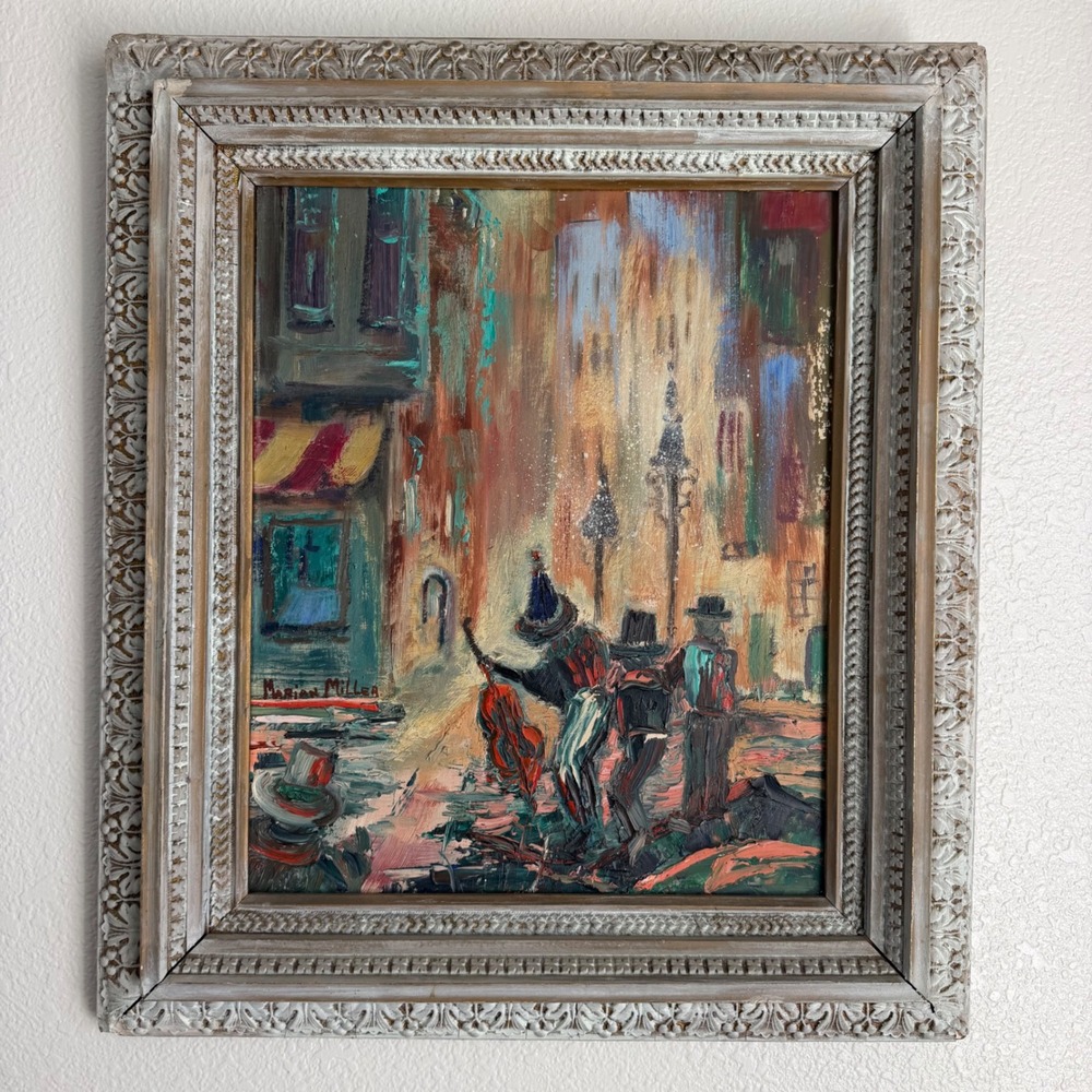 Vintage Impressionist Street Scene Musicians Oil Painting Ornate Framed Signed